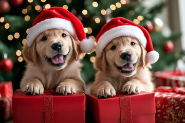 Two golden retriever puppies sitting top red gift cute dogs