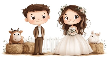 Cute cartoon bride and groom with farm animals.