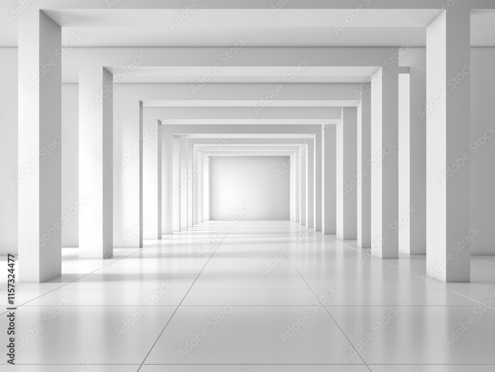 Poster bright modern corridor featuring minimalist architecture with white walls and symmetrical columns cr