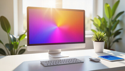 Vibrant isometric computer mockup in modern workspace, digital creativity