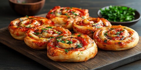 Wooden cutting board six freshly baked pinwheels it Mini pizza buns