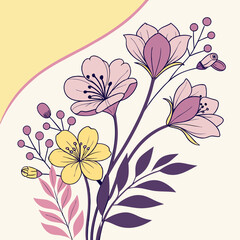 A modern wedding template featuring vibrant violet, pink, and yellow flowers, perfect for creating a stylish and colorful wedding invitation or event announcement.