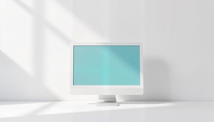Fototapeta premium Isometric computer mockup in minimalist office space, corporate design