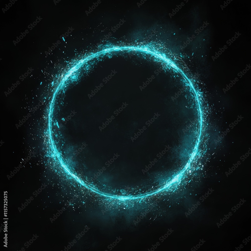 Poster colorful glowing circular light formation with particles on a dark background illustrating an abstra