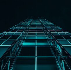 Fototapeta premium Vertical View of a Modern Skyscraper's Glass Facade Illuminated With Blue Neon Lighting at Night Showcasing Urban Architecture