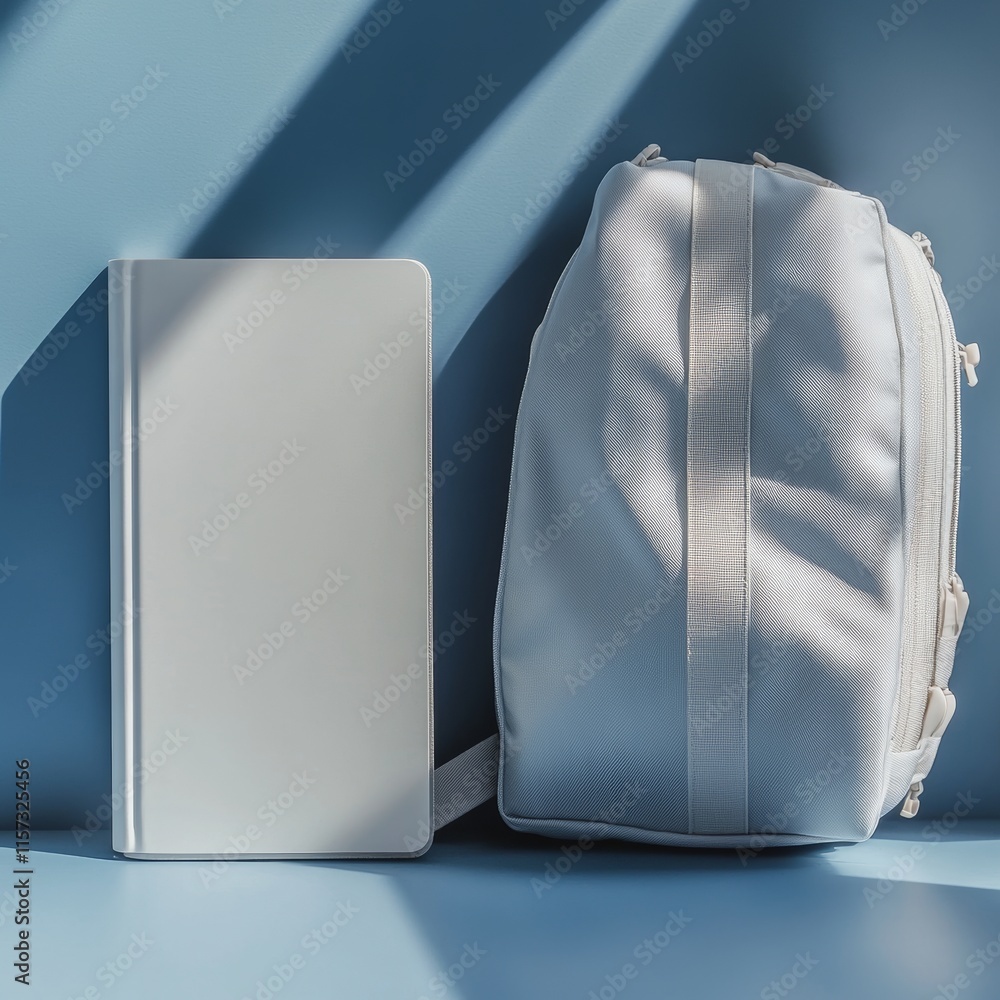 Poster white notebook and backpack resting against a blue background with sunlight casting soft shadows in 