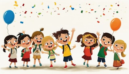 Fototapeta premium Happy Kids Celebrating at School with Balloons and Confetti in a Colorful Cartoon Style