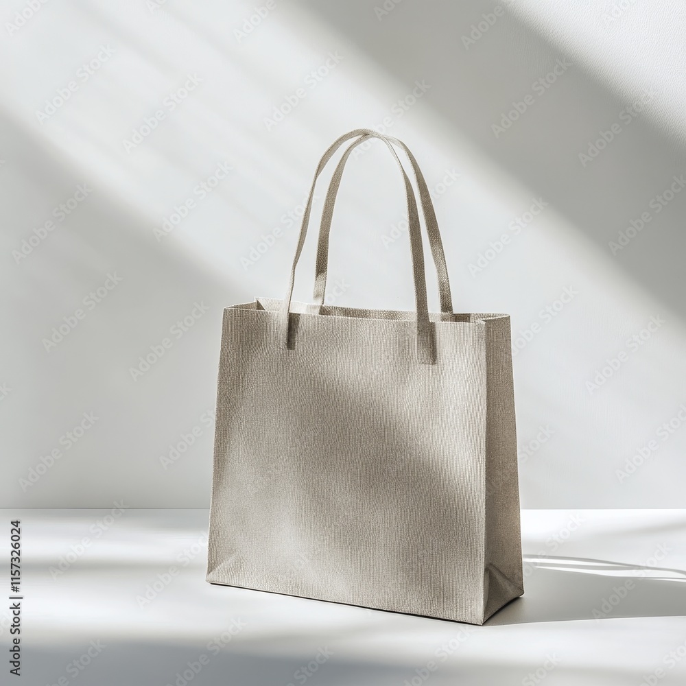 Poster stylish gray tote bag placed on a light background with soft shadows highlighting its elegant design