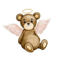 Cute Teddy bear as an angel, with wings and a halo. Composition for Valentine's Day, Birthday. Design for card, greeting card, poster, etc. Watercolor illustration isolated on transparent background.