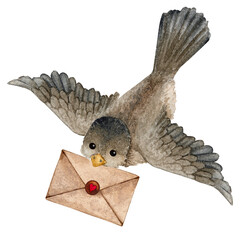 Little brown bird with a kraft paper postal envelope in its beak. Isolated watercolor illustration for Valentine's Day, Birthday. Love message. Design element for card, greeting, poster, etc.

