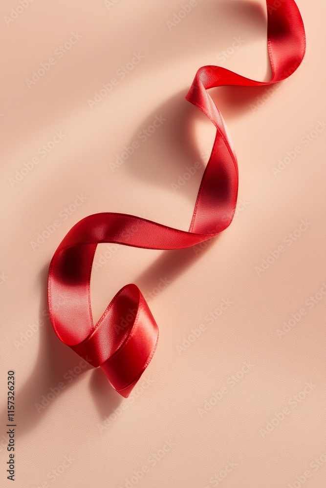 Poster elegant red ribbon gracefully curled on a soft beige surface creating a harmonious and inviting visu