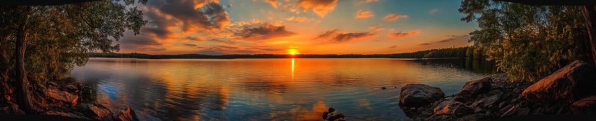 Fototapeta premium Golden Sunset Over Tranquil Lake With Reflections and Clouds in the Sky Creating a Serene Evening Atmosphere Near a Forested Area