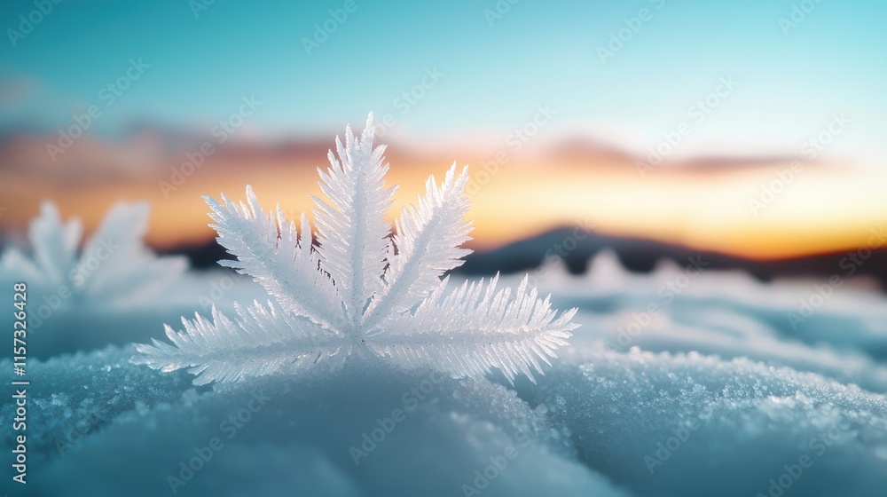 Poster a close-up of a delicate snowflake resting on snow, illuminated by a colorful sunset sky in the back