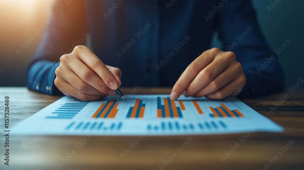Poster procurement management industry concept. a person analyzing data charts on paper, focusing on perfor
