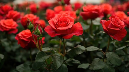 Vibrant display of red roses in full bloom garden setting floral photography natural environment close-up view beauty concept