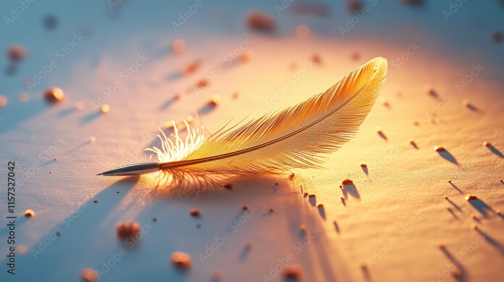 Aufkleber a delicate feather rests softly on a textured surface, illuminated by warm light, creating a serene 