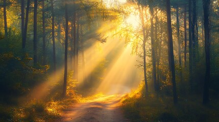 Obraz premium The first light of dawn breaking through the trees in a serene forest, with soft rays of sunlight illuminating the path ahead