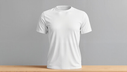 Plain white T-shirt on wooden table against grey background, apparel mockup