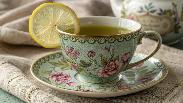 An inviting closeup of a pastelcolored teacup with a detailed floral pattern filled with green tea and a slice of lemon adorning its edge resting on a textured linen napkin.