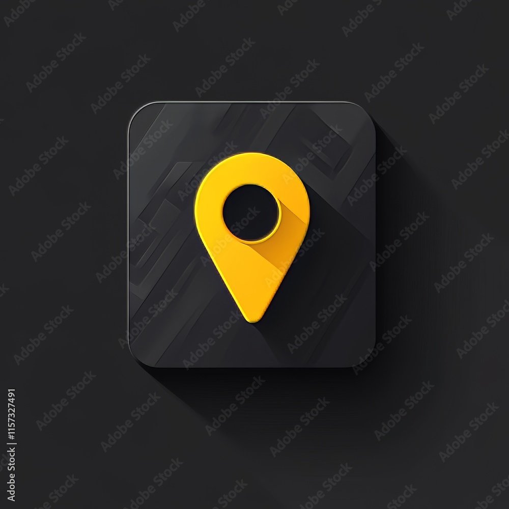 Poster stylized yellow map pin icon on dark background representing location tracking and navigation techno