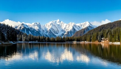 Fototapeta premium Snow-capped mountain peaks and calm waters beneath a vivid blue sky, perfect for nature lovers.