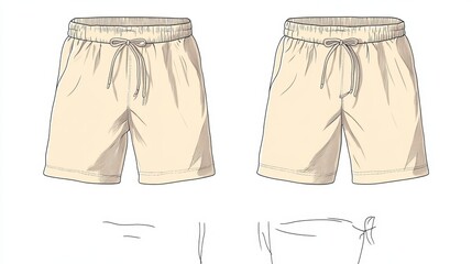 Unisex Casual Shorts with Drawstring Front and Back View Fashion Technical Drawing