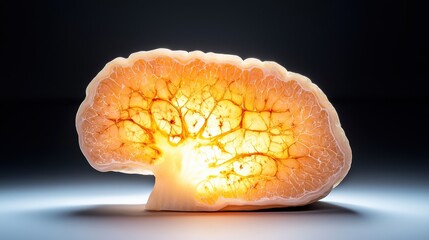 Alzheimer's disease brain concept. A glowing, textured rock resembling a brain, illuminated from within, showcasing intricate patterns and colors against a dark background.