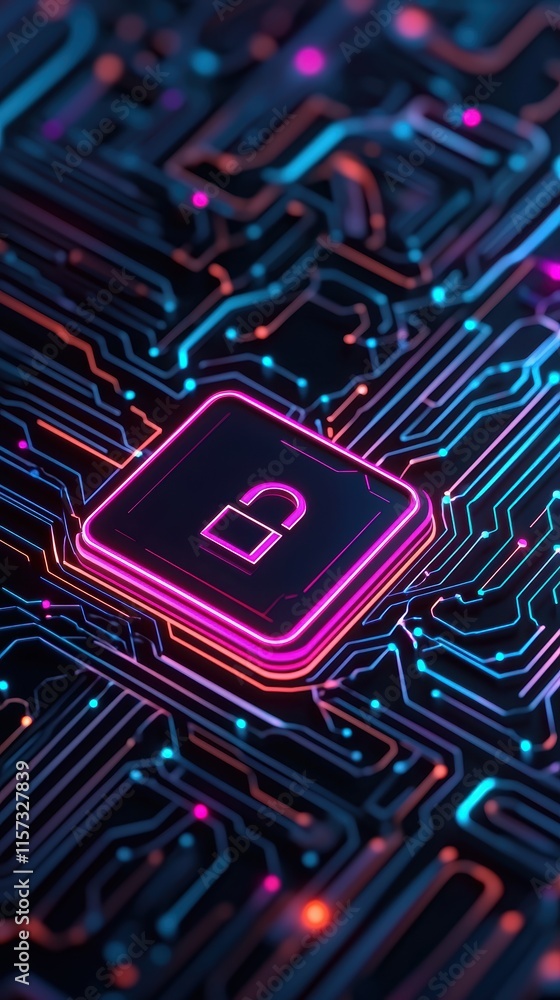 Poster document convert cloud concept. a digital lock symbol illuminated on a circuit board, representing c