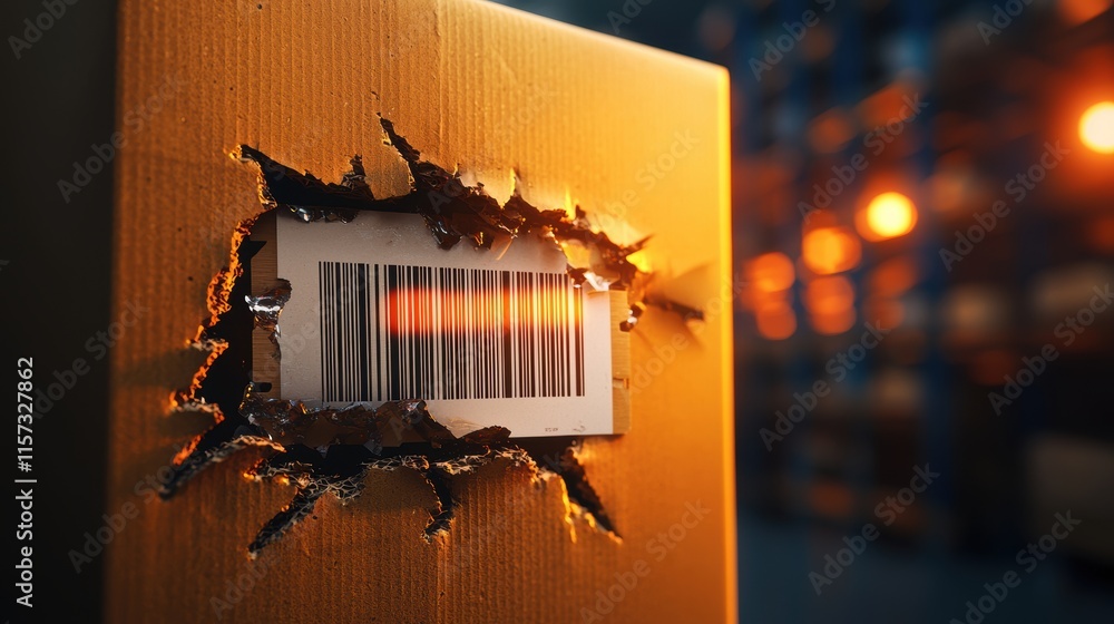 Poster document file export concept. a close-up of a damaged box revealing a barcode, surrounded by a warm 