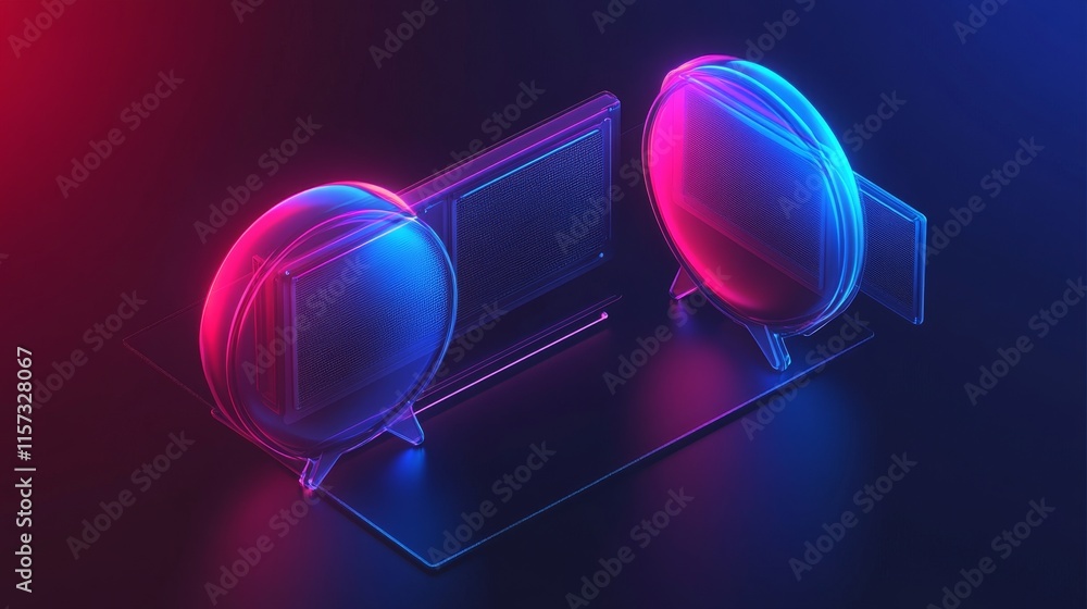 Poster stylish futuristic display featuring two glowing spheres on a sleek stand in a dark atmosphere illum
