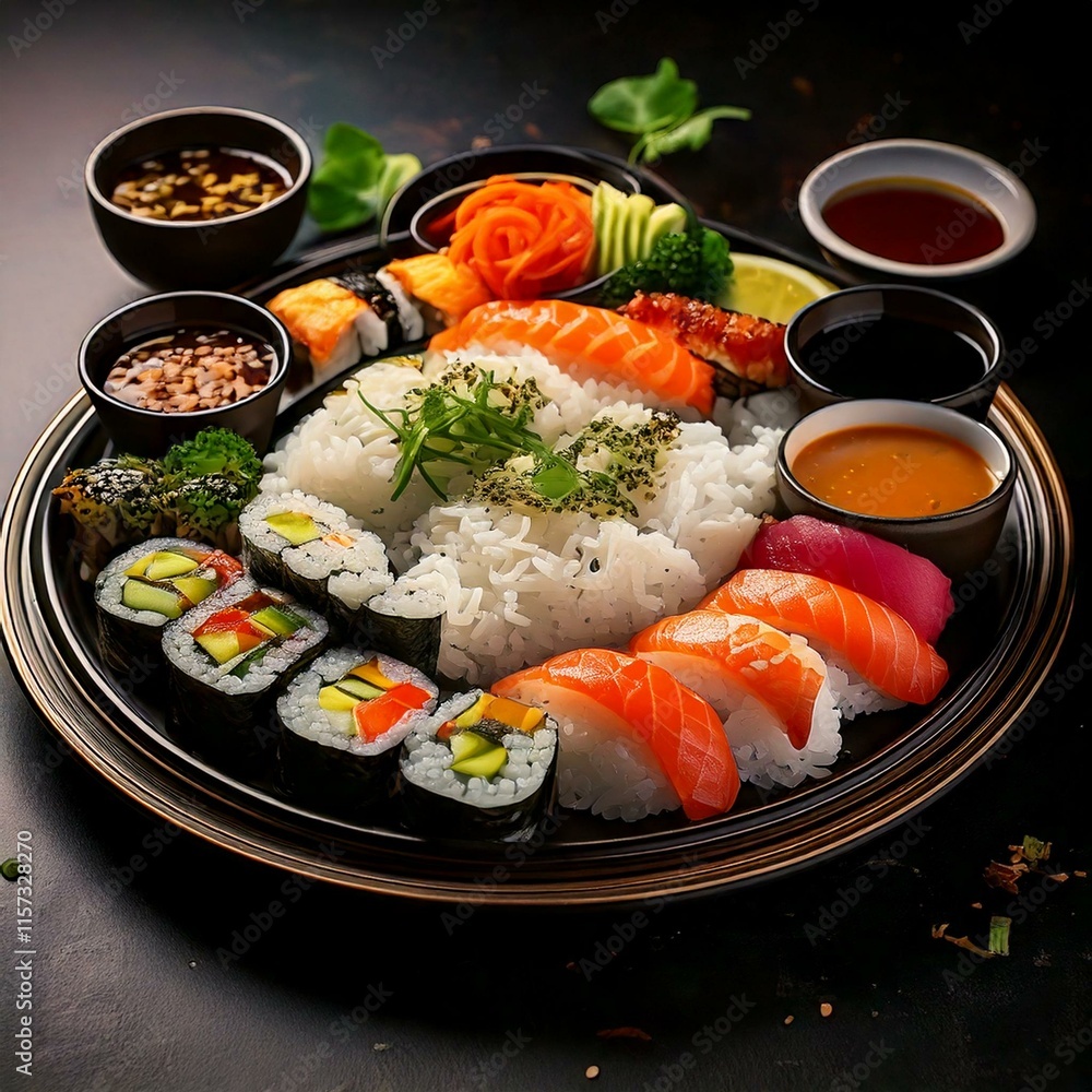 Wall mural a visually appealing sushi and sashimi platter with an array of colorful fish and rolls, served on a