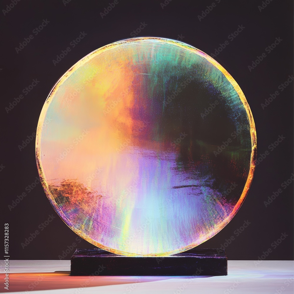 Poster colorful light reflection on a circular glass art piece displayed on a minimalist table against a da