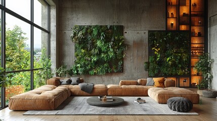 A contemporary living room featuring a large, cozy sectional sofa, a round table, and lush vertical garden installations. Large windows provide a beautiful view.