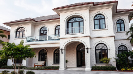 Fototapeta premium Two-story, off-white house with arched windows and a red tile roof. Features a balcony, landscaping, and a prominent entryway. The house has a classical architectural style.