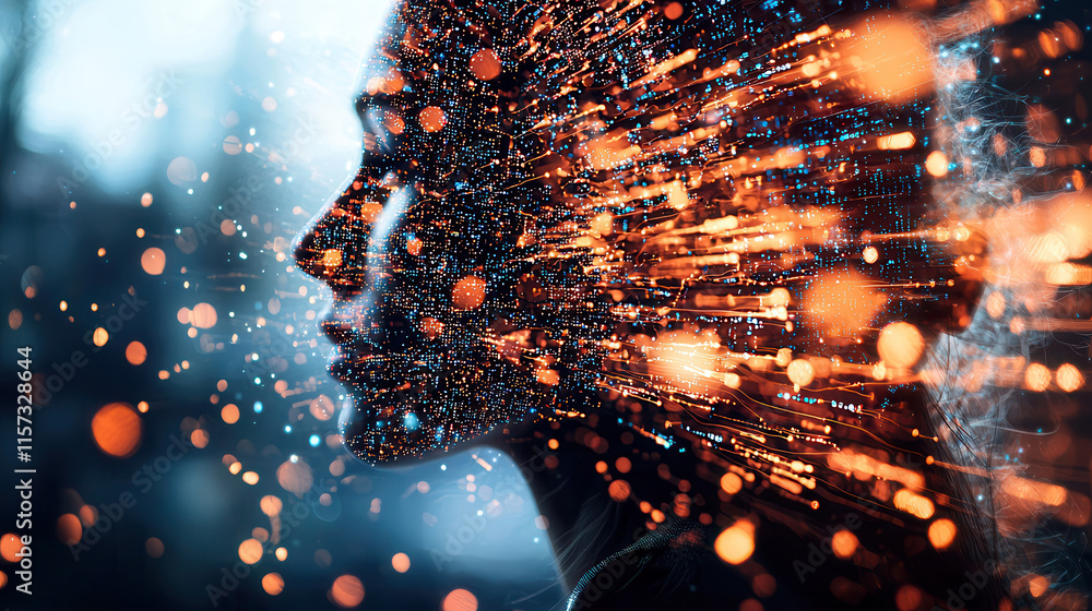 Poster vibrant and detailed composition of ai technology and human connection, showcasing profile with dyna