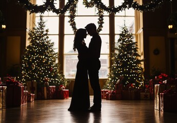 Couple enjoying a romantic moment in a festive setting