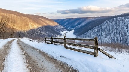 Obraz premium Snowy Winter Road Mountain Valley Wooden Fence
