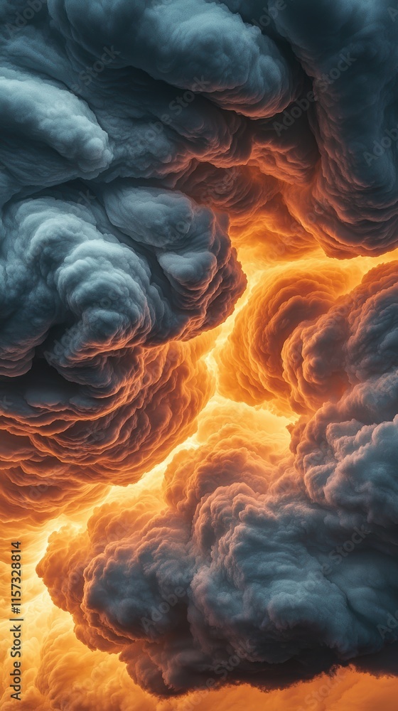 Poster a dramatic display of swirling clouds illuminated by fiery orange light, creating a striking contras