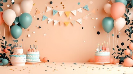 Festive birthday scene with pastel balloons, cakes, and confetti.