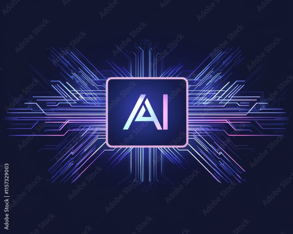 Poster illustration of artificial intelligence technology represented by a glowing ai symbol with network p