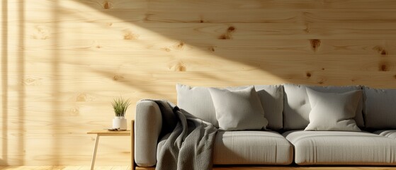 Fototapeta premium Modern living room with bright wooden wall minimalist design cozy environment natural light interior decor