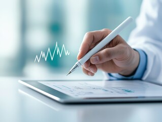 Fototapeta premium Digital concepts of health info history. A hand holding a pen over a tablet, showcasing digital graphs and data analysis in a modern, professional setting.