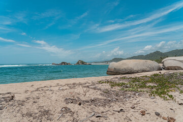Sea, rocks, sandy beaches and the beautiful nature of Tayrona National Park in Colombia.