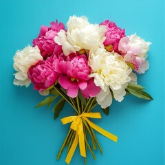 Bright Peony Bouquet With Pink and White Flowers Tied With a Yellow Ribbon on Blue Background