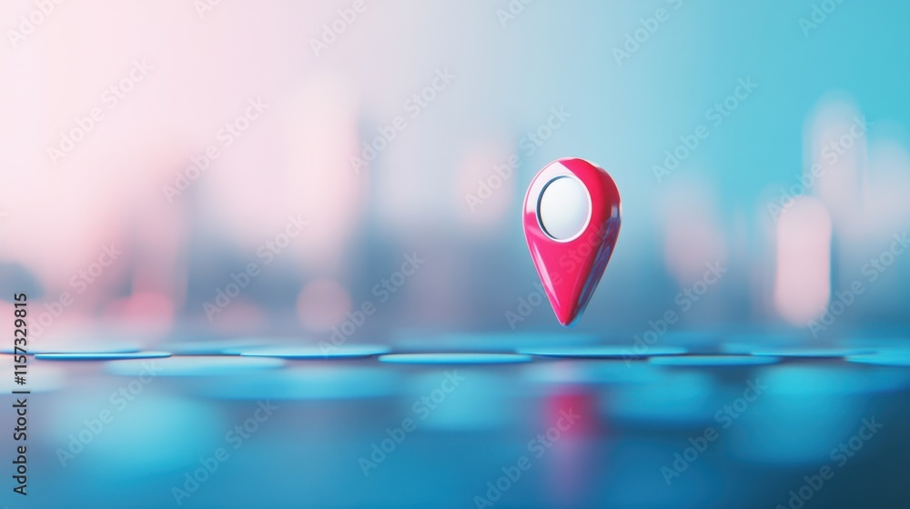 Poster a vibrant pin marker hovers over a blurred cityscape, symbolizing location tracking and navigation i
