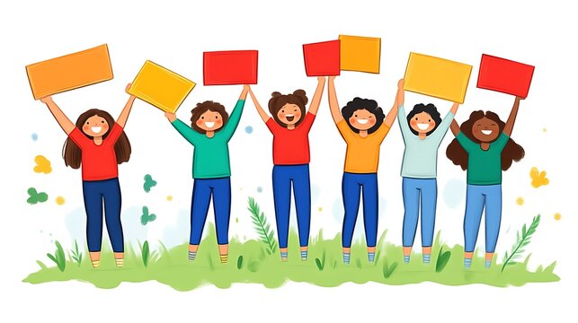Happy diverse girls holding colorful signs.