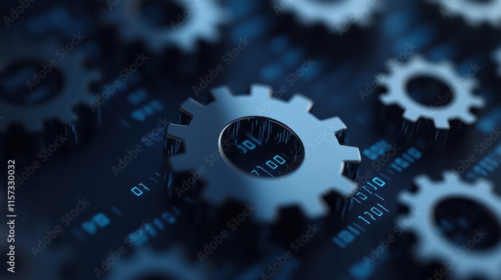 Poster a close-up view of metallic gears on a dark background, symbolizing technology, engineering, and mec