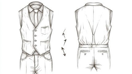 Vector Sketch of Men's Suit Vest and Trousers with Front and Back Views, Featuring Buttons and Arrows