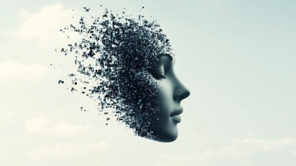 A surreal depiction of a woman's face dissolving into particles against a serene sky, symbolizing transformation and the fragility of identity.