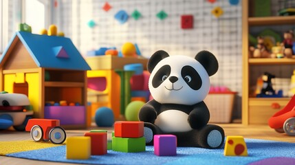 Obraz premium Panda Bear Plays with Blocks in a Childrens Playroom